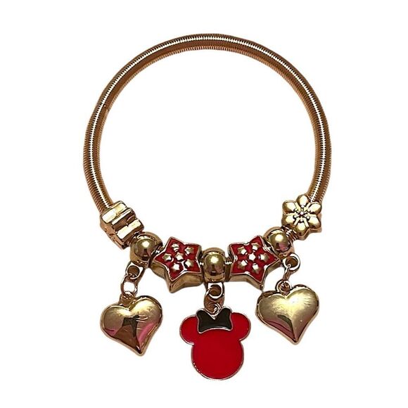 Red Minnie Mouse Heart Stretchy Gold Tone Charm Bracelet NWT - Picture 1 of 2